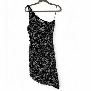 Likely One Shoulder Ruched Cocktail Dress Asymmetric Hem Black White Size S